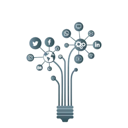 best digital marketing strategist in Palakkad faq concept featuring a lightbulb graphic with interconnected social media and digital icons.